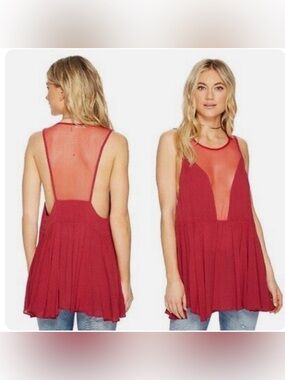 Intimately Free People Black Marble Mesh Cami Tank Berry Red XS